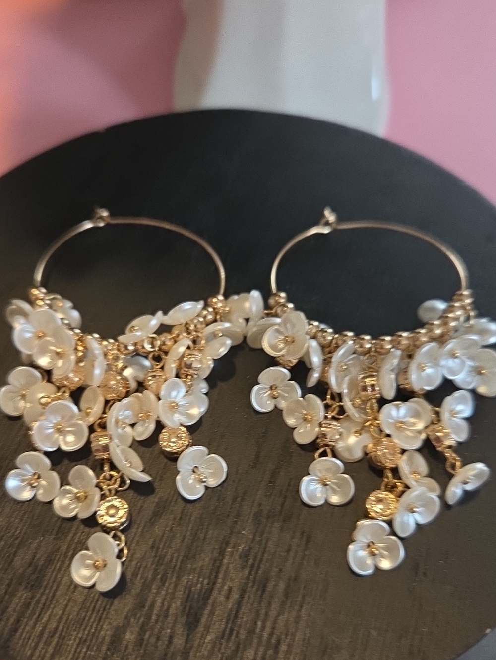 Gold Hoop Earrings with White Floral Dangles